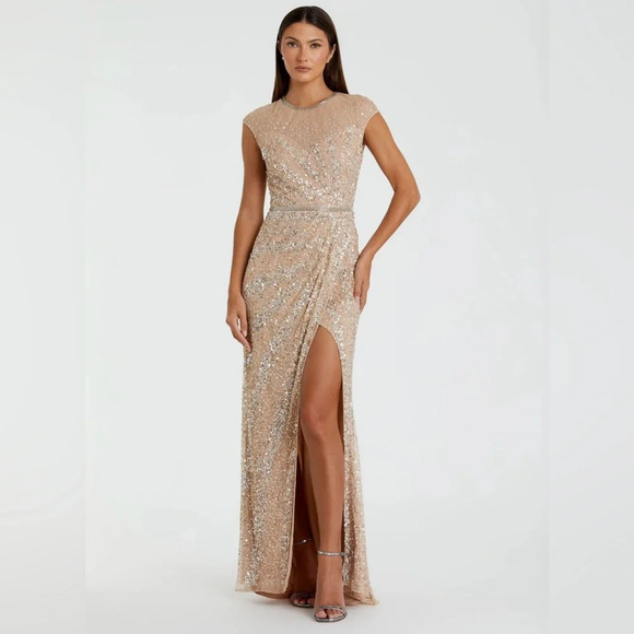 NWT Mac Duggal Beige Embellished Illusion High Neck Cap Sleeve Gown 10 Nude 5619 - Picture 1 of 15